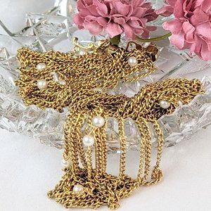 Retro Gold Ball Pearl Chain 28" Necklace Multi-Strand Brassy Station Jewelry